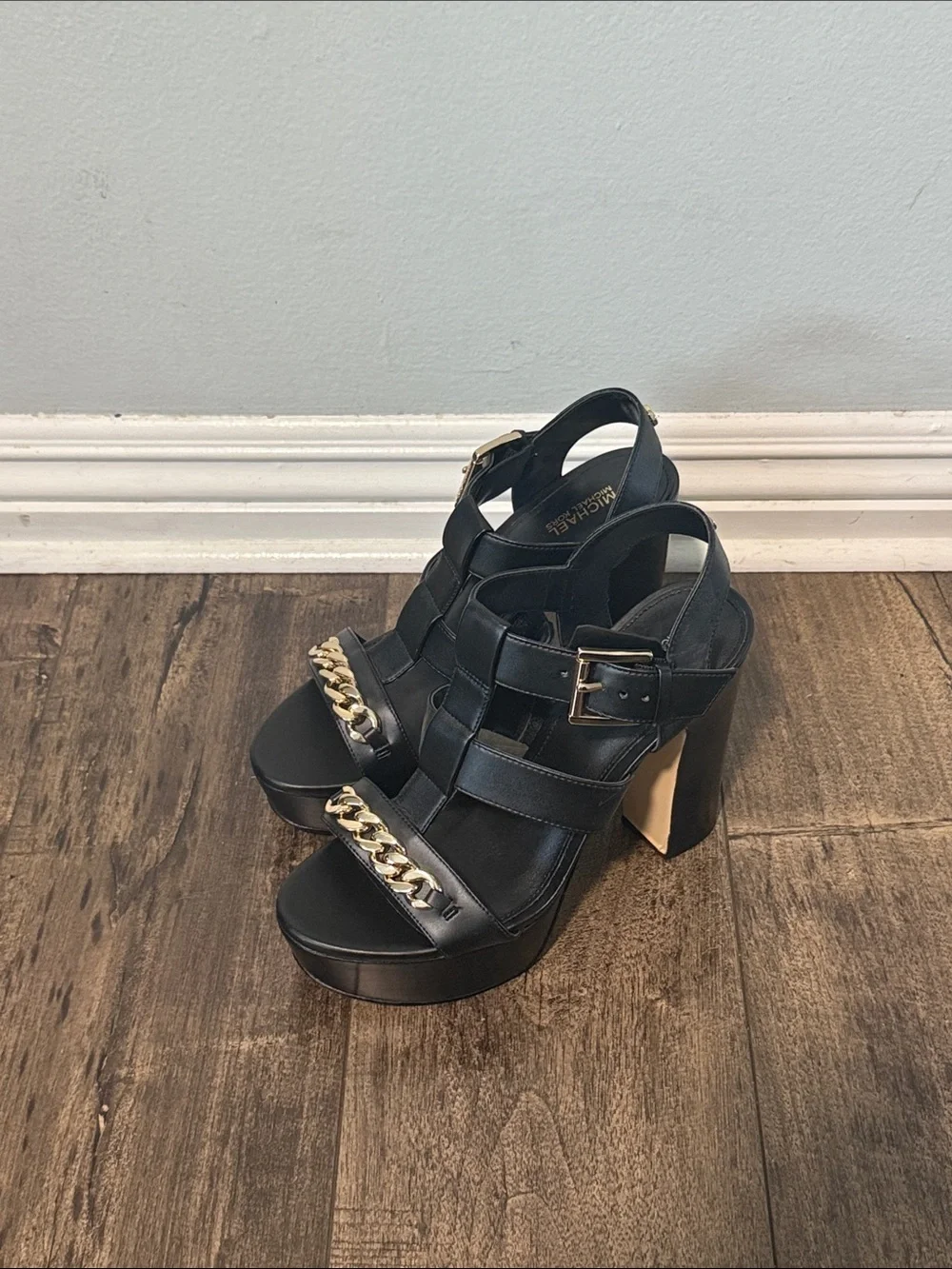 Michael Kors Black Platform Sandals with Gold Chain